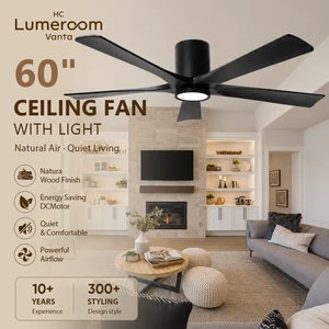 USA In Stock Black 60 Inch Flush Mount Solid Wood Ceiling Fan with Light Reversible DC Motor Remote Control for Living Room