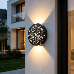 Custom Modern Outdoor Solar Wall Light With Dandelion Pattern Black Metal Garden Sconce For Exterior Porch Decoration Waterproof