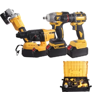 4-in-1 Brushless Cordless 21V Lithium Power Angle Grinder Rotary Hammer Impact Wrench Combo Tool Set