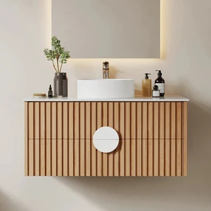 Wall Mounted Bathroom Vanity Fluted Design Storage Cabinet With 2 Drawers & Basin Custom Size For Hotel Office