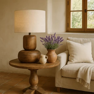 Wood Table Lamp Handcrafted Vintage Rustic Linen Shade Bedside Desk Light For Hotel Bedroom Villa Living Room