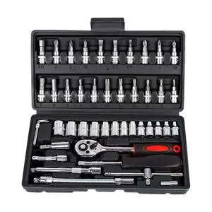 46-Pieces 1/4 Inch Drive Socket Ratchet Wrench Set Metric Bit Socket Extension Bar Hand Tools Case Pack Auto Repair Garden Use