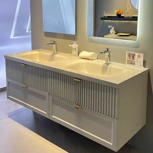 Luxury Hotel Restroom Design Double Sink Oak Hanging Vanity Wall-mounted Bathroom Cabinet