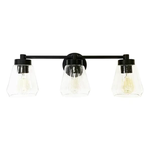 Vintage Industrial 3-Light Bathroom Vanity Wall Lamp with Black Iron Body and Clear Glass Shades, Warm Incandescent Lighting