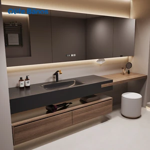 Factory Direct Sale Customizable Wood Bathroom Cabinet Stone Basin For Resort Apartment Washroom Vanity Cabinet