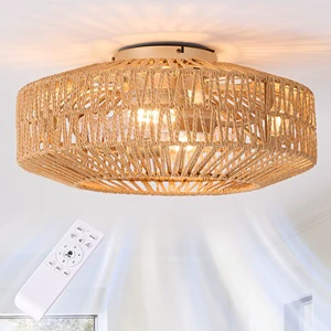 Wholesale Bamboo Decor Bedroom Fan Lamp With Remote Controller Vintage Ceiling Light Fixture Retro Loft Rattan Ceiling Fan Light