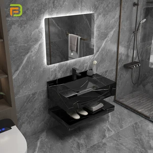 Wholesale Solid Surface Sintered Stone Basin Bathroom Vanities Rock Slab Basin Bathroom Cabinet Set With Smart Led Mirror