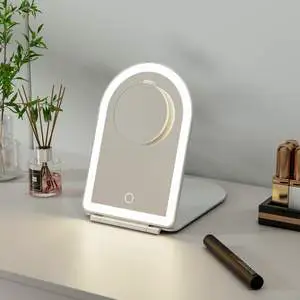 Wholesale Illuminated Touch Screen Dimming Portable Tabletop Led Makeup Vanity White Arch Folding Travel Mirror With Light