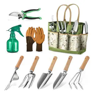 9-Piece Garden Tool Set Stainless Steel Blade with Wood Handle Home Gardening Tool Kit Gift Set Padded Bag Including Shovels