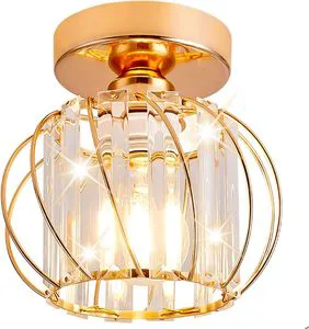 Industrial Crystal Chandelier Semi Flush Mount Ceiling Light,Iron Frame Cage Hallway Ceiling Lamps for Corridor Bathroom Kitchen