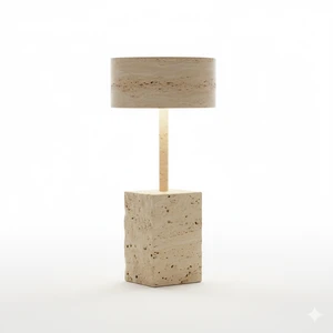 Natural Travertine Stone Pillar Table Lamp Sculptural Column Accent Lighting for Luxury Home Decor