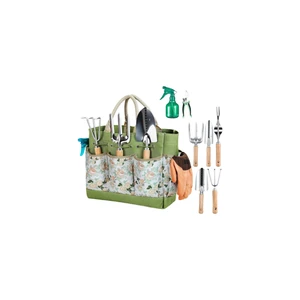 9-Piece DIY Lightweight Stainless Steel Garden Tools Set with Wood Handle and Organizer Bag for Home Gardening