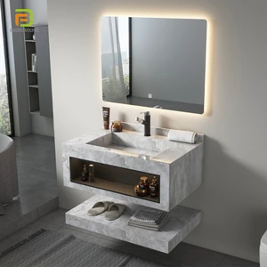 Rock Slab Basin Cabinet Wall Mounted Seamless Sintered Stone Basin Floating Solid Surface Bathroom Vanities With Led Mirror