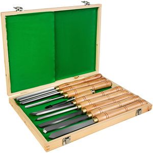 8-Piece HSS Steel Wood Lathe Chisel Set for Hardwood Includes Bonus Wooden Storage Wood Carving Cutting Tools