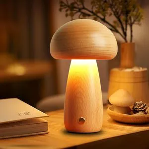 Wooden Mushroom Lamp for Bedroom, Portable Cordless Small Rechargeable Lamp,Stepless Dimming, Night Light for Birthday Gifts