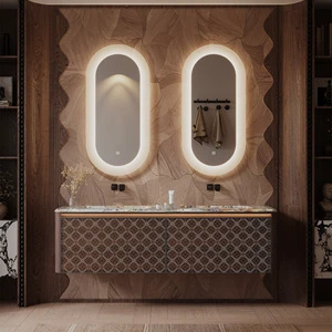 Classic Minimalist Natural Solid Wood Floating Double Sink Bathroom Vanity With Marble Countertop Smart LED Mirror Cabinet