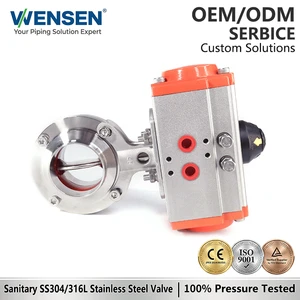 Wensen 304 316 Hygienic Stainless Steel Weld-type Butterfly Valve With Pneumatic Actuator Head For Fluid Control