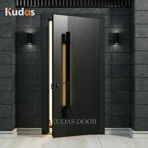 Modern LED Light Handle Fluted Cast Aluminum Pivot Entry Door Villa House Exterior Entrance Security Door With Smart Lock