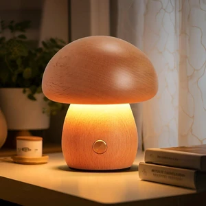 Sensor Wooden Mushroom Lamp Portable Cordless Small Night Lamp Rechargeable Battery Operated Desk Lamp