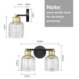 Modern Antique Brass Iron 2-Light Bathroom Wall Lamps with Ribbed Glass Shade ETL Certified 110V