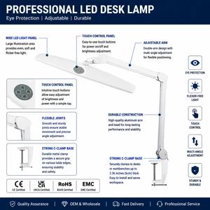 Home Office Touch Control Eye Caring Led Clamp Dimmable Desk Table Task Lamp for Study Reading Crafting Sewing Computer Work