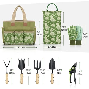 Premium 8 Piece Gardening Tools Set with Floral Tote Bag & Kneeling Pad, Ergonomic Wood Handle Garden Hand Tool Kit for Gifts