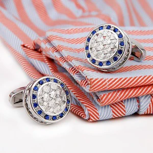 Wedding Suitable Shirt Buttons Copper Metal Silver Blue Rhinestone Cufflink For Men