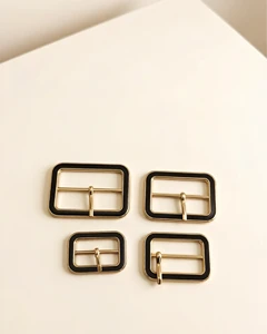 High End Formal Style Gold Plated Printed Black Enamel Oblong Metal Pin Buckles FR for Women's Trench Coat & Midi Dress Belt