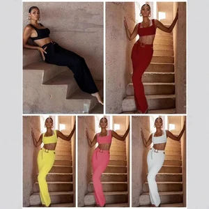 New Solid Color Hollow Out Two-Piece Knitted Midriff-Baring Camisole Top Sheath Dress Suit