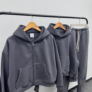 Streetwear Clothing Oversized Custom 2 Pieces Zip Up Boxy Cropped Hoodie And Baggy Flared Sweatpants Sweatshirt Set Blank Plain