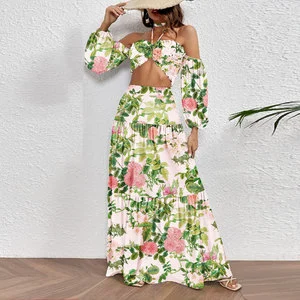 TW Green Printed Long-sleeved Sexy Tube Top Halter Neck Strap Split Two-piece Skirt Suit
