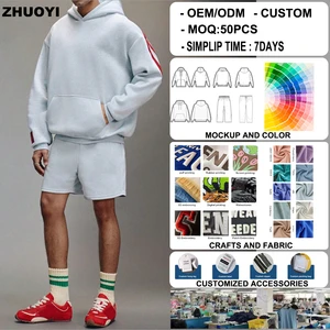 Cut And Sew Embroidered Hoodie Shorts Set Heavyweight Chenille Embroidery Oversized Streetwear Two Piece Set Men