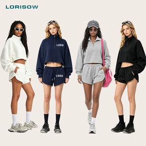 LORISOW Custom ODM OEM Long Sleeve Crop Top And Shorts Yoga Suit Sets Fitness For Women Outdoor Sport Training Solid Pattern
