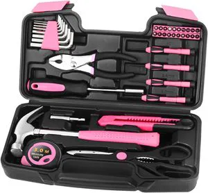 39PC Hand Operated Household Tool Box Set Repair Kit with Hammer Screwdriver Pliers Tape Measure Hex Keys Bits Case