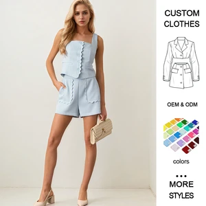 European & American Summer Solid Above Knee 2-Piece Elegant Casual Sling Button Square Collar Sleeveless Top Shorts Set
