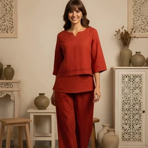 Women for Orange Slub Co-ord Set Solid Neck 3/4 Sleeve Top Partially Elasticated Palazzo Two Piece Winter Party Outfit