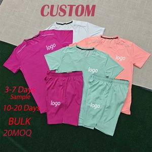 Two Pieces Set Gym Sporty Slim Fit Shorts Sleeve t Shirts and Nylon Shorts Set Quick Dry Workout Gym Reflective logo Track Set