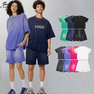 High-quality Cotton Men's Heavyweight Oversize Washing Two Piece Suit 350GSM Vintage High Street Custom Logo Men's T-shirt Set