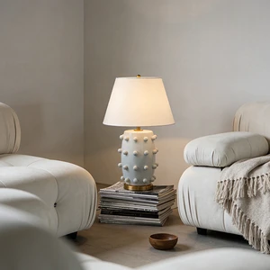 White Ceramic Table Lamp with 3D Dot Design Modern Bedside Lamp with Fabric Shade for Living Room Bedroom Nightstand Decor