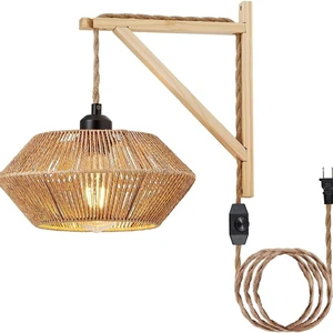 Cross-Border Hemp Rope Woven Wall Lamp, Dimmable Plug, Solid Wood Bedroom Bedside , Bohemian Lighting Fixture