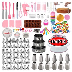 464pcs Cake Decorating Supplies Kit Cake Pan Nozzles Turntable Stand Piping Tips Set Custom Cake Tool Set with Baking