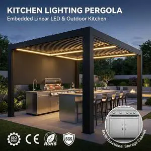 Modern Motorized Louvered Pergola with Integrated LED Strip Lights and Outdoor Kitchen for Residential Backyard Dining Gazebo