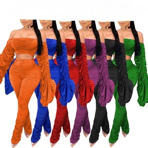 Women Slash Neck Off Shoulder Long Sleeve Tube Top and Ruched Pants Two Piece Classy Suits Female Solid Sexy Slim Top Two Piece
