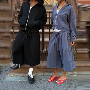 Custom 2 Piece Zip Up Hoodie Culotte Shorts Set Wide Leg Below Knee Elastic Drawstring Oversized Tracksuit Streetwear OEM