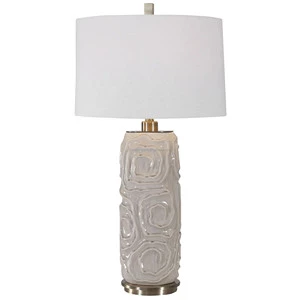 Textured Swirl Ceramic Cylinder Modern Table Lamp with Brass Base | Artisan Neutral Lighting for Hotel Bedroom & Office