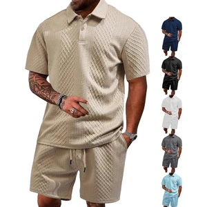 New Arrive Spring European American Men's Casual Breathable Knitted Sports Short Sleeve Suits Jacquard Two Pieces Polo Sets