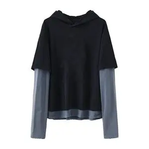 New Arrival Loose Hooded Double Layer Long Sleeve Casual Vintage Washed Cotton Black Blue Pretend 2 Piece T-Shirts For Men