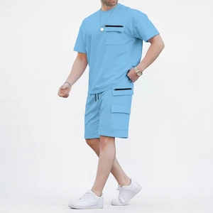 Men's Light Blue Casual Two Piece Set Crew Neck T-Shirt And Cargo Shorts Solid Color Breathable Knitted Summer Wear