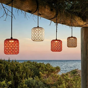 Outdoor Decorative Woven Lantern Pendant Light Stainless Steel Lamp Body Rattan Lamp Shade Waterproof Park Atmosphere Entrance
