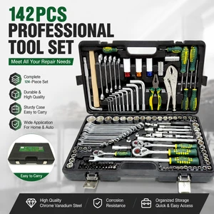 142 +2 Pcs Car Repair Hand Tool Kit CR-V Socket Ratchet Wrench Screwdriver Pliers Combination Tool Set With Portable Hard Case